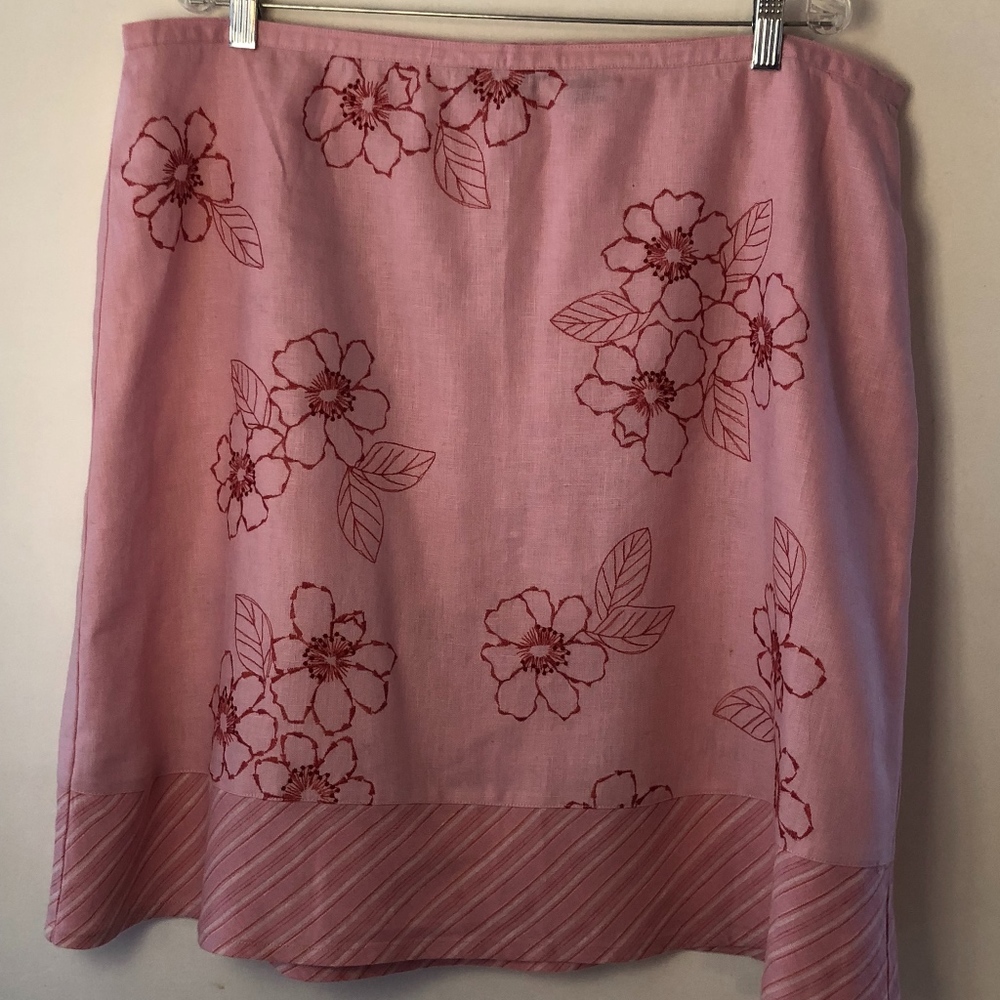 Mixed print & embroidered 100% linen skirt